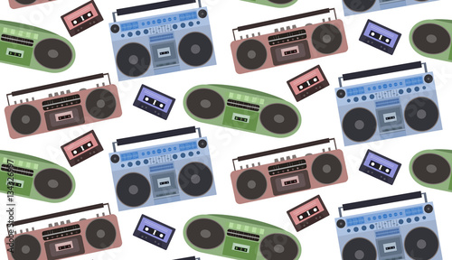 Seamless texture with tape recorders and cassette tapes. Vector background for wraps, wallpaper, background for site and your creativity