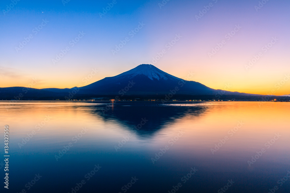 Mount Fuji Reflected in Lake at sunset