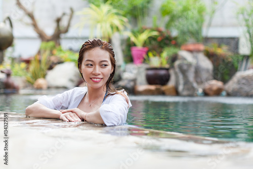 Asian Woman In Hotel Swimming Pool Relaxing Vacation Travel, Young Girl Enjoying Spa Exotic Paradise Resort