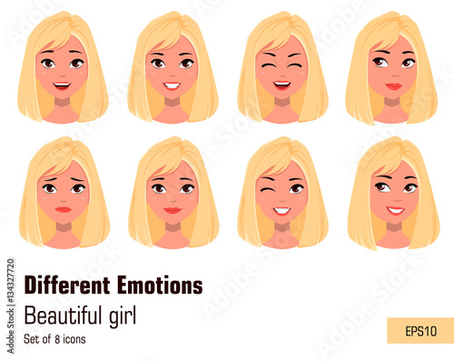 Businesswoman making different face gestures. Young attractive girl with various emotions. Set of eight vector illustrations.