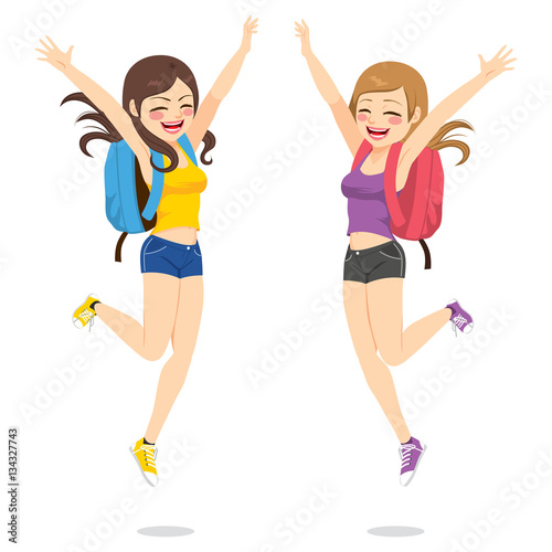 Beautiful happy young students best friends girls jumping