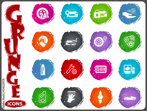 Car shop icons set in grunge style