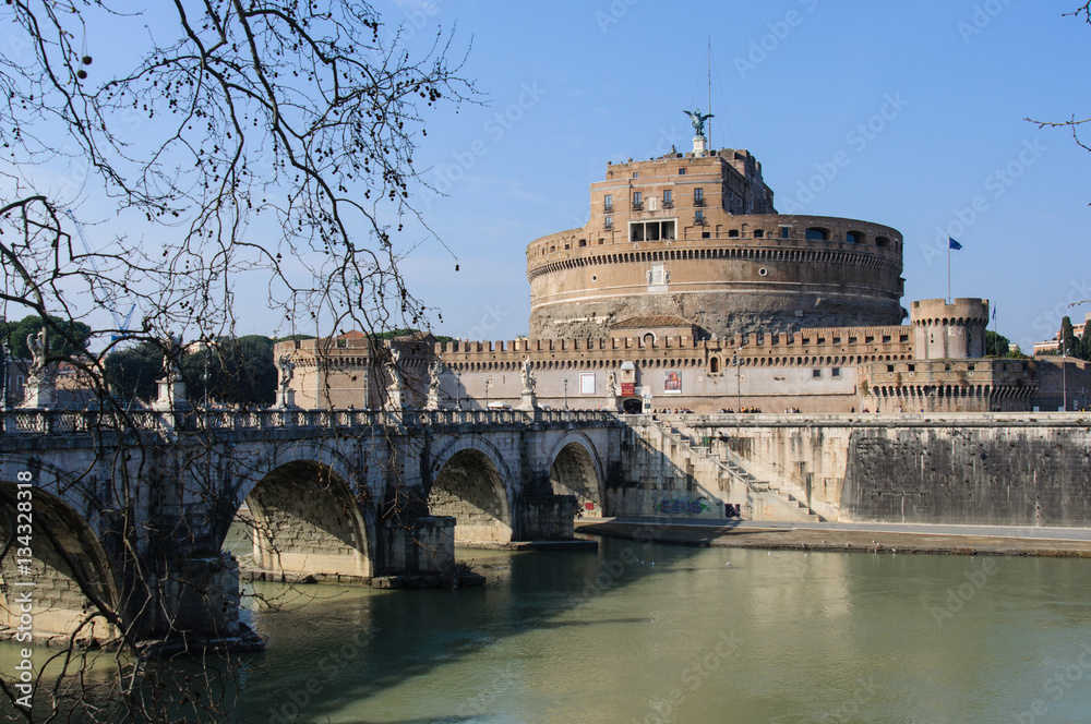 Castel Sant'Angelo, viewed from the other bank of the river Tiber, Rome, Italy