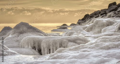 Great Lakes Deep Freeze. Frozen seascape on the shores of Lake Huron in Lexington  Michigan.