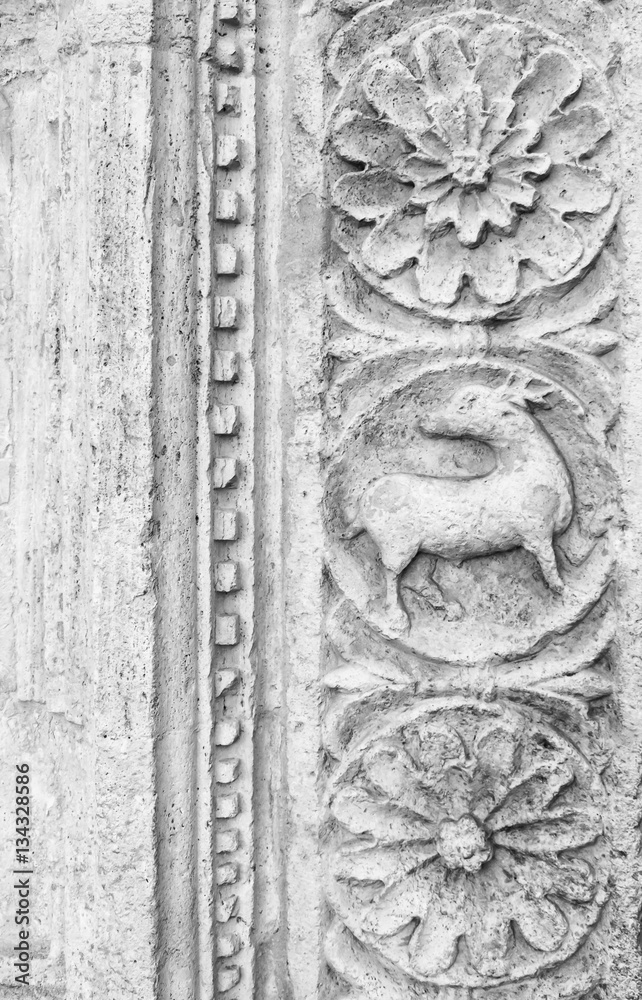(Assisi, Umbria, Italy)- Stone carved decorations in Saint Francis of Assisi basilica, neo-gothic style. (black and white).