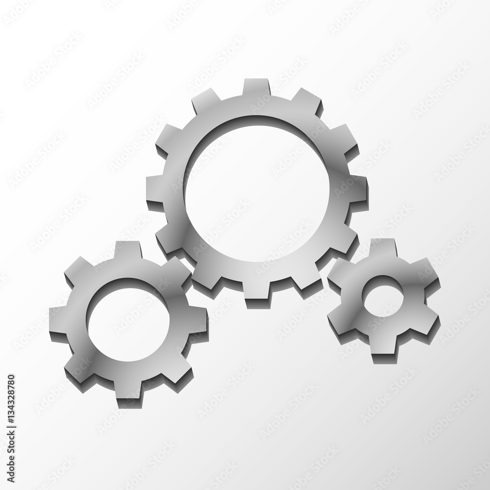Vector three metal gears on white gradient background Vector three metal gears on white gradient background