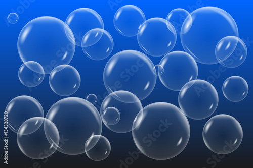 Vector transparent soap bubbles set. Bubbles on dark blue gradient background