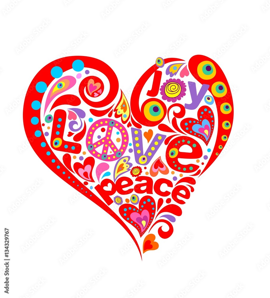 Heart shape with hippie symbolicand abstract flowers Heart shape with hippie symbolicand abstract flowers