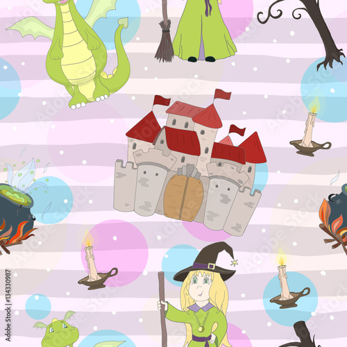 Adorable seamless pattern with funny dragons, witch, castle, boiler in cartoon
