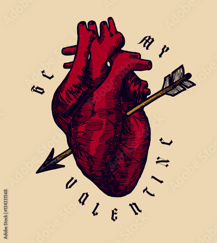 be my valentine human heart with arrow and gothic font letters.