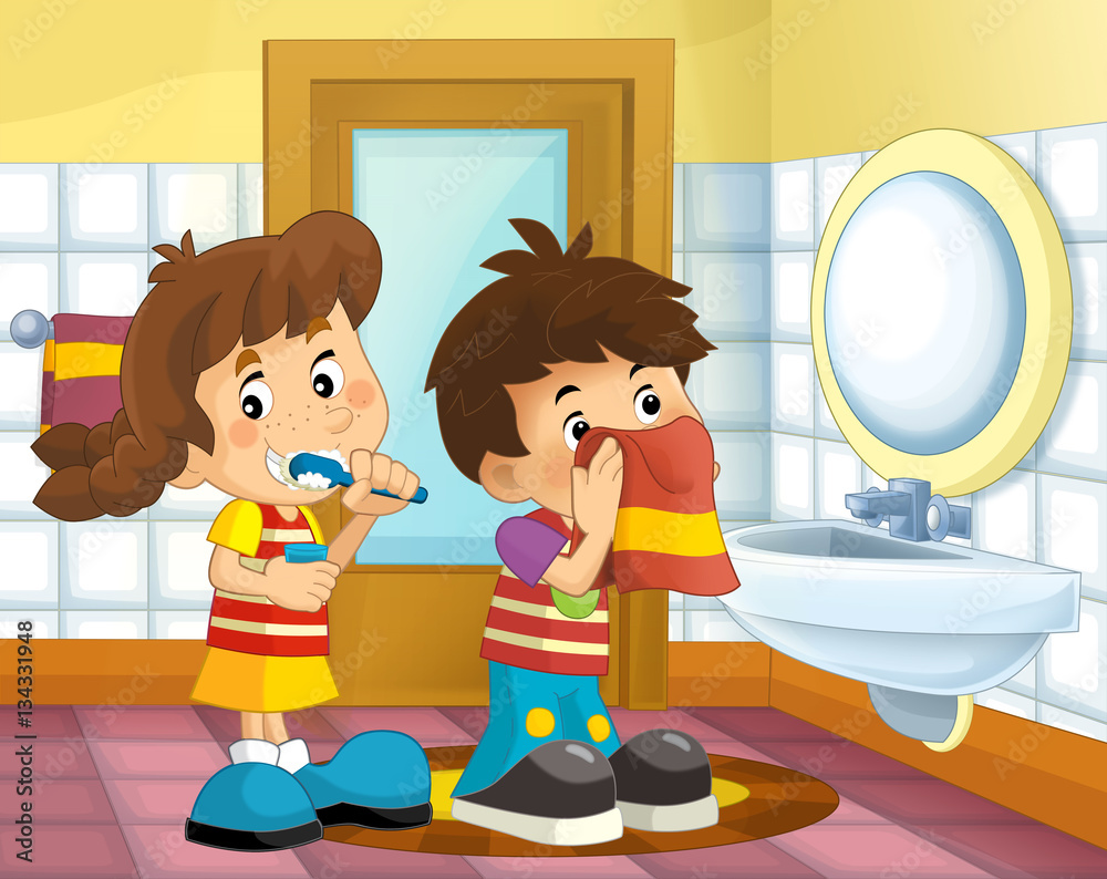 Cartoon kids in the bathroom - boy and girl - wiping face with a towel and brushing teeth - illustration for children