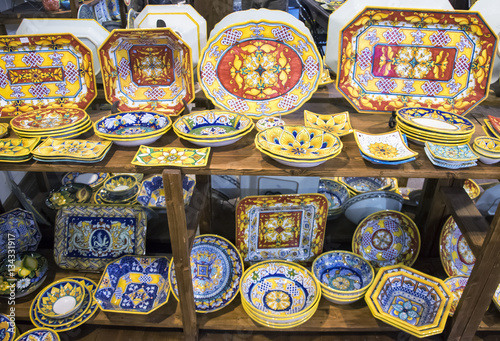 Arts and crafts work- Traditional Italian ceramic display in souvenir shop. © PerseoMedia
