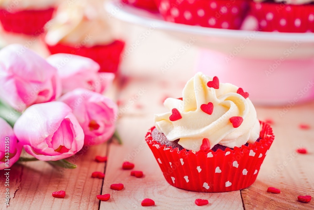 homemade valentine cupcakes with red sugar hearts and pink tulips homemade valentine cupcakes with red sugar hearts and pink tulips