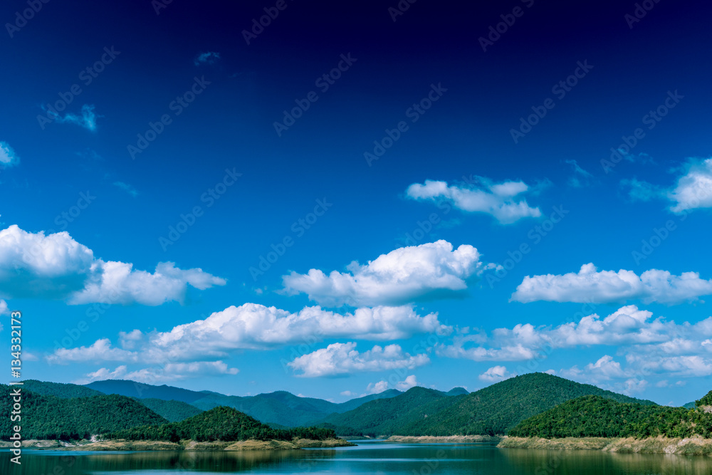 Lake with blue sky background