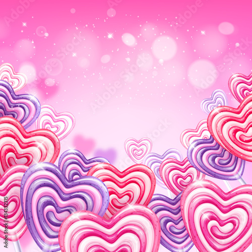 Colorful heart shape lollipop candies background.