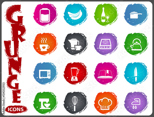 Food and kitchen icons set in grunge style