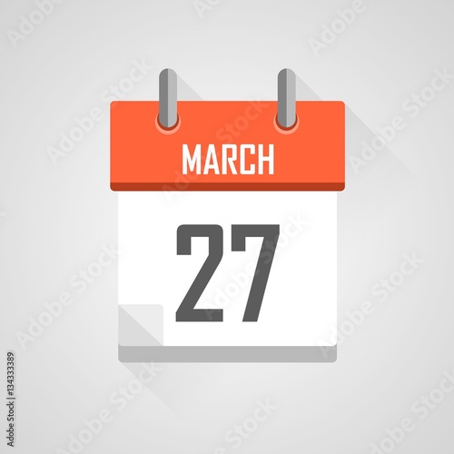 March 27, calendar icon with flat design on grey background.