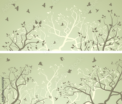 Horizontal wide banners of tree branches and flock of birds.