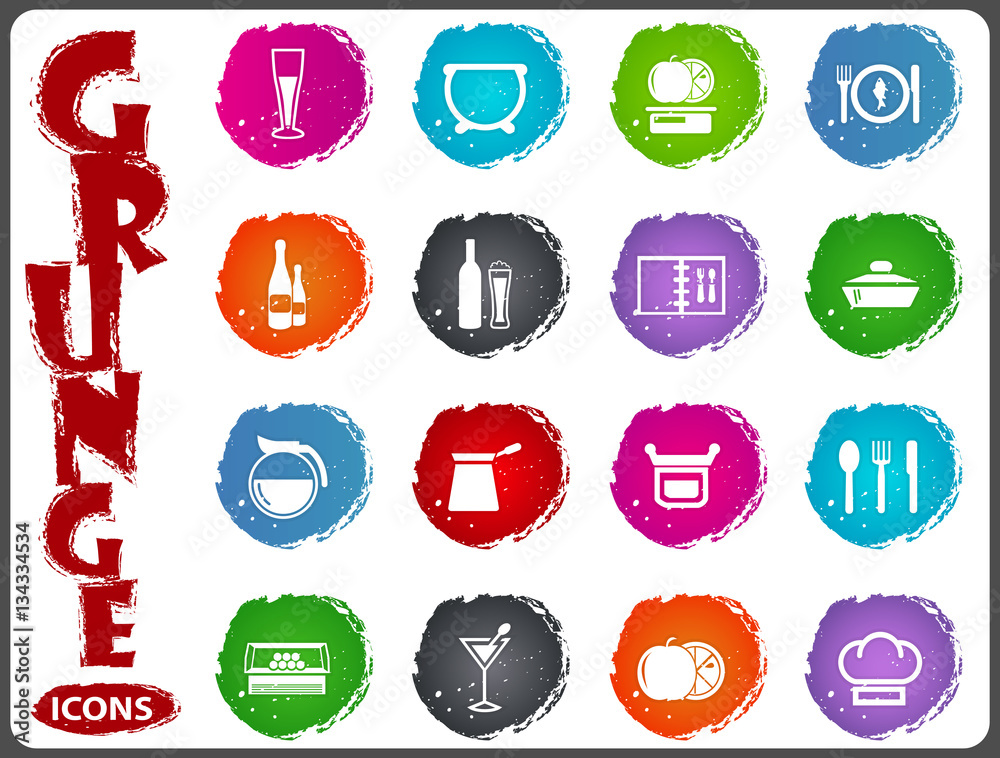 Food and kitchen icons set in grunge style