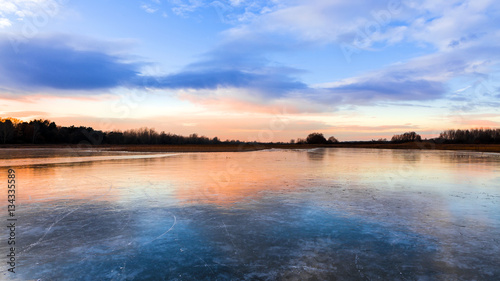 Frozen lake in winter beautiful colors.