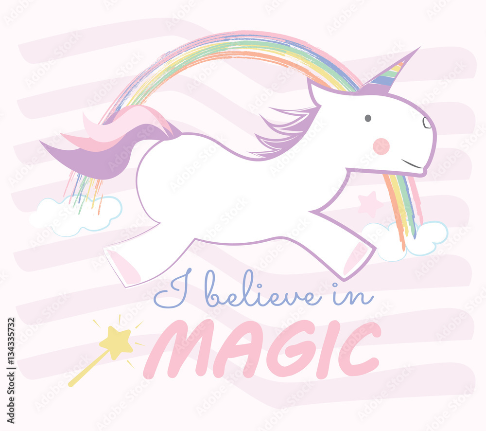 Obraz premium Unicorn children style drawings. Cute baby horse and rainbow. I believe in magic. Baby fashion vector.