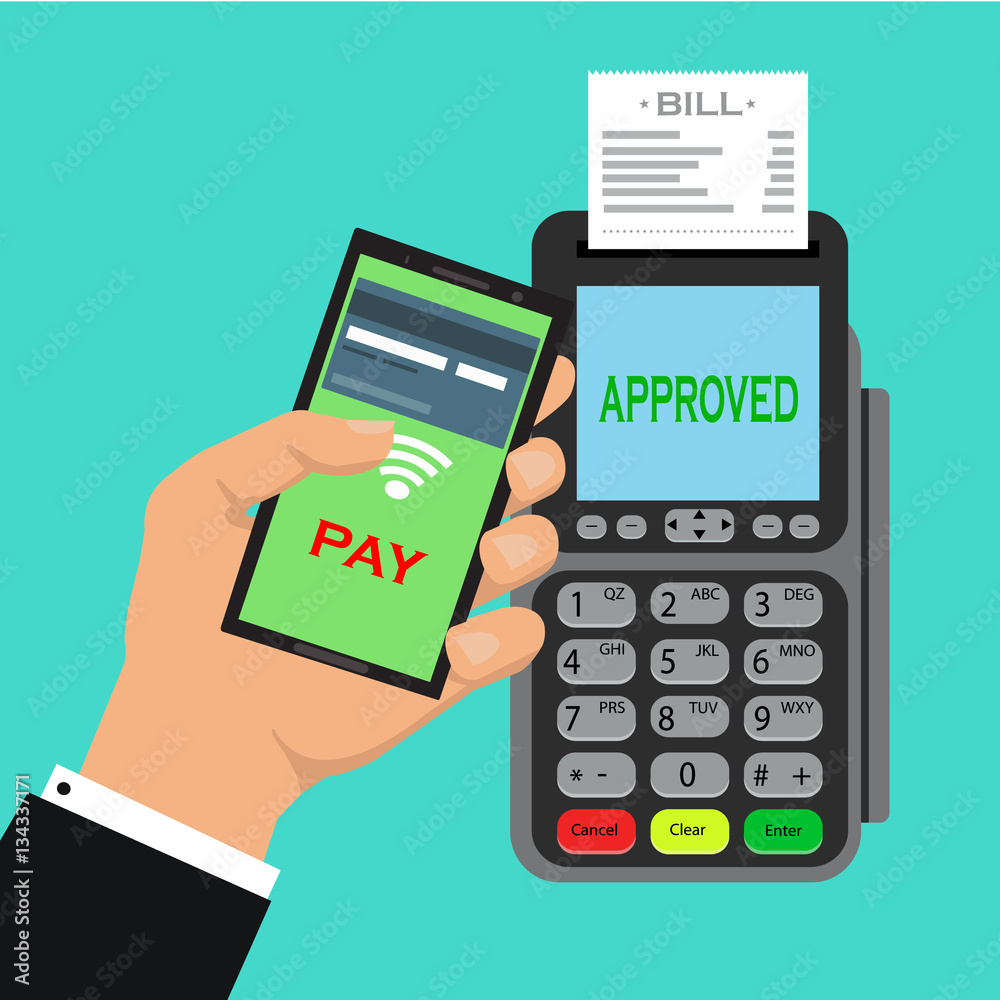 Pos terminal confirms the payment by smartphone. Vector illustration in flat design on blue background. nfc payments concept Pos terminal confirms the payment by smartphone. Vector illustration in flat design on blue background. nfc payments concept