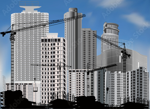 grey house buildings and cranes on blue background