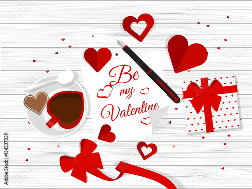 Vector Top View of Valentine's Day Elements on Desktop