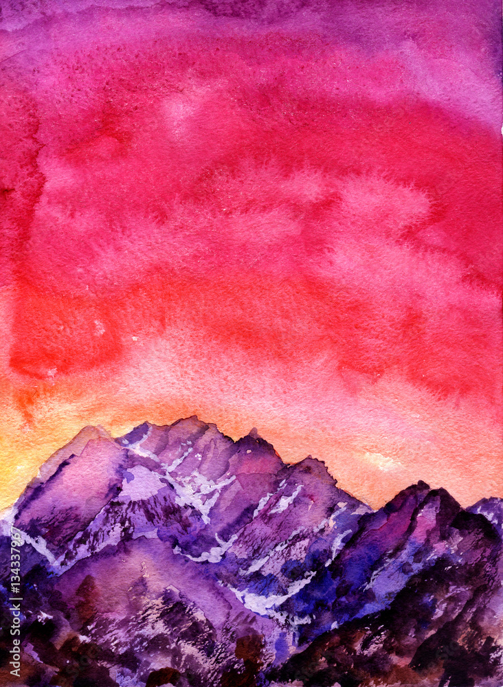 Mountain landscape background. Watercolor backdrop with the mountains