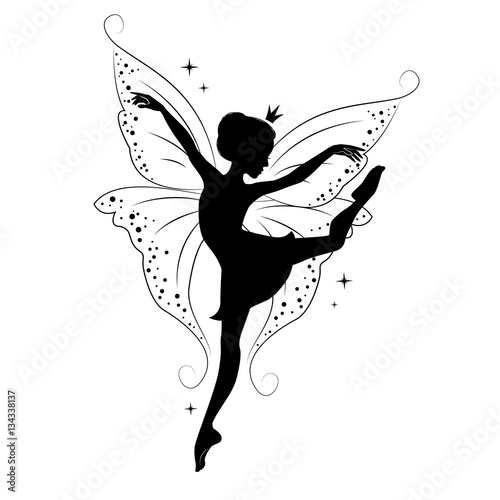 Silhouette of beautiful fairy. Hand drawn, isolated on white background.