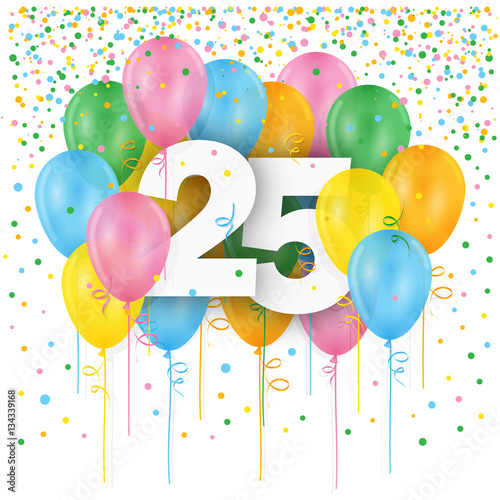 Canvas Print HAPPY 25th BIRTHDAY / ANNIVERSARY card with bunch of multicoloured balloons