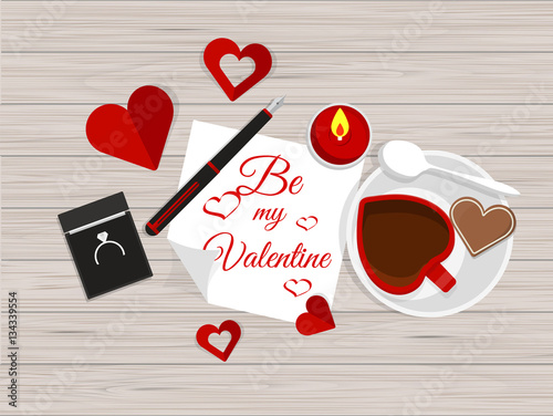 Vector Top View of Valentine's Day Elements on Desktop