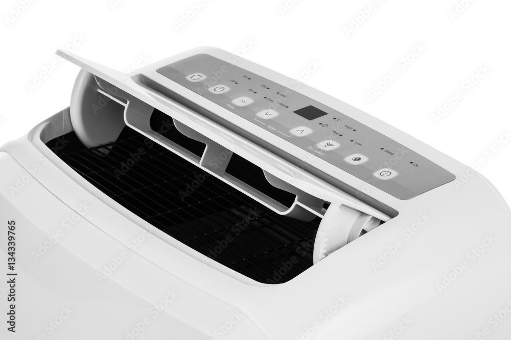 Studio closeup product shot of a portable air conditioner or mobile dehumidifier isolated on white background with copy space. Climate control equipment Studio closeup product shot of a portable air conditioner or mobile dehumidifier isolated on white background with copy space. Climate control equipment