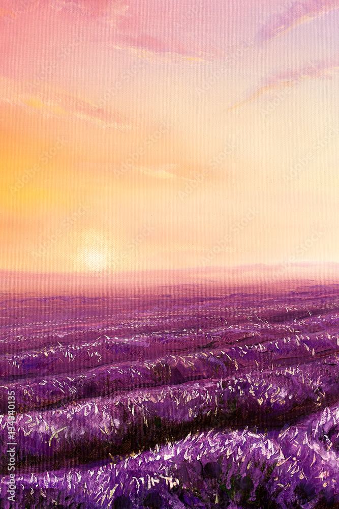 Fototapeta premium magical lavender fields at dawn, oil painting on canvas.