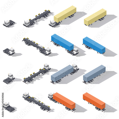 Terminal tractors with semi-trailers and containers rotated in four directions isometric icon set
