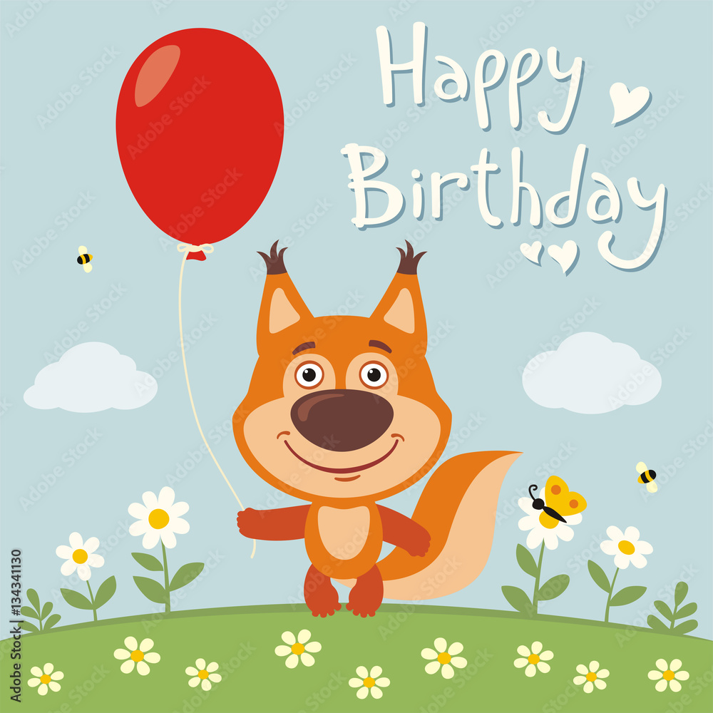 Happy birthday! Funny squirrel with red balloon on flower meadow. Birthday  card with sqirrel in cartoon style. Stock Vector | Adobe Stock