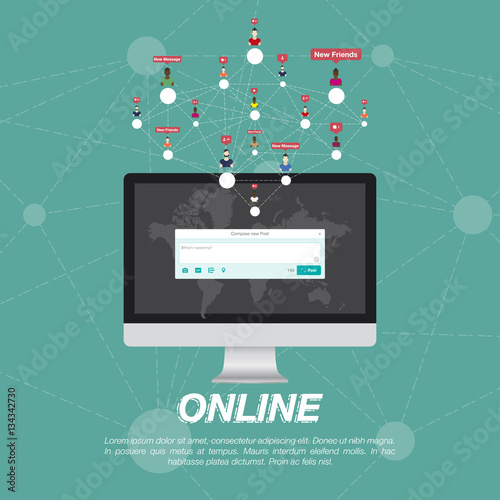 Web application on computer and Icon for social network. Notification icons Flat vector illustration EPS 10.