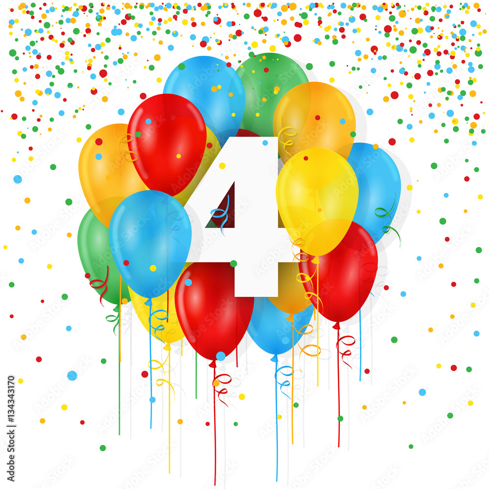 "HAPPY 4th BIRTHDAY" Card with bunch of balloons and streamers Stock Vector  Adobe Stock