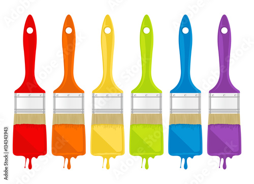 Paint of different colors dripping from brush. Vector illustrati
