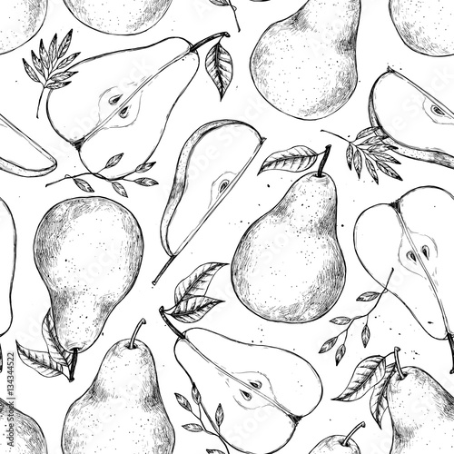 Hand drawn vector seamless pattern - Set of sliced pear, pears and leaves. Design elements in sketch style. Perfect for menu, cards, posters, prints, packaging