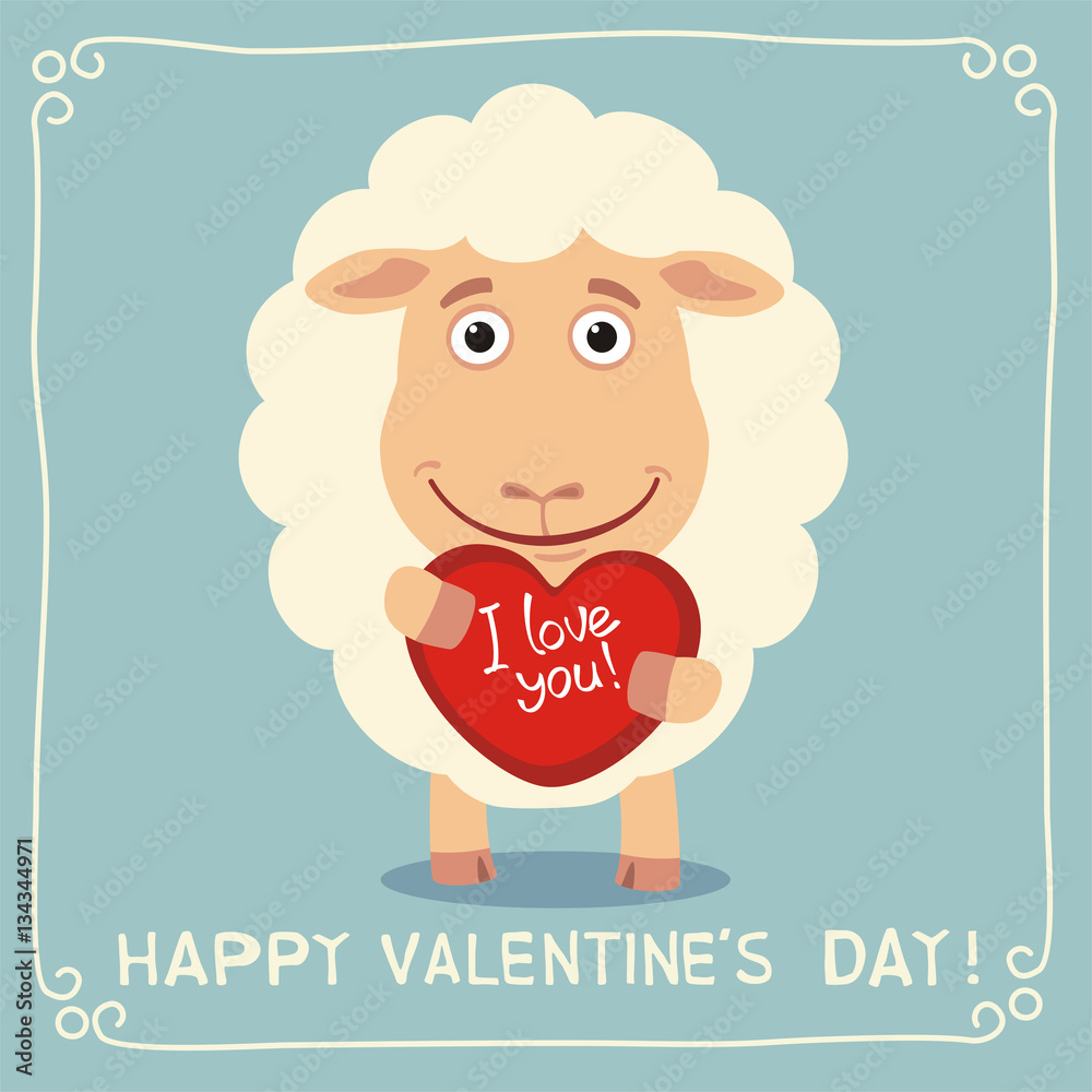 Happy Valentine's Day! I Love You! Funny sheep with heart in hands.  Valentines day card with sheep in cartoon style. Stock Vector | Adobe Stock