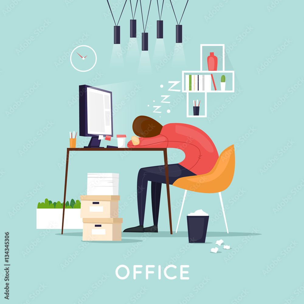 Tired employee sleeping in the office. Flat vector illustration in cartoon style. Tired employee sleeping in the office. Flat vector illustration in cartoon style.