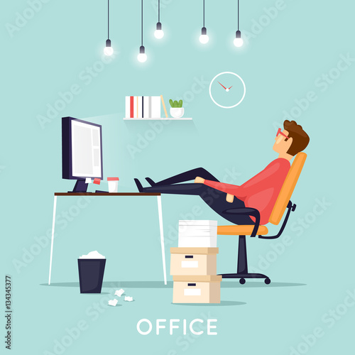 Tired employee sleeping in the office. Flat vector illustration in cartoon style.