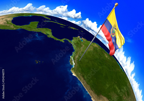 Ecuador national flag marking the country location on world map. 3D rendering, parts of this image furnished by NASA