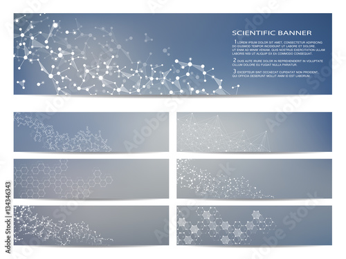 Set of modern scientific banners. Molecule structure DNA and neurons. Abstract background. Medicine, science, technology, business, website templates. Scalable vector graphics.