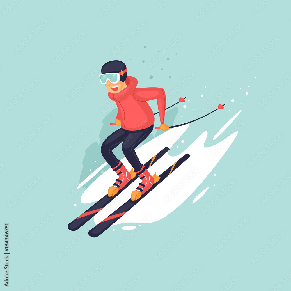 Young man riding on skis on snow, winter. Flat vector illustration in  cartoon style. Stock Vector | Adobe Stock