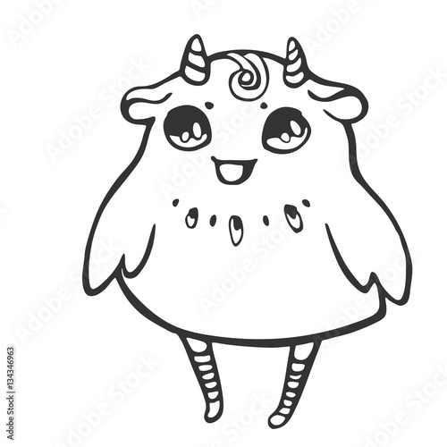 Funny cute winged monster with horns, black and white, line photo