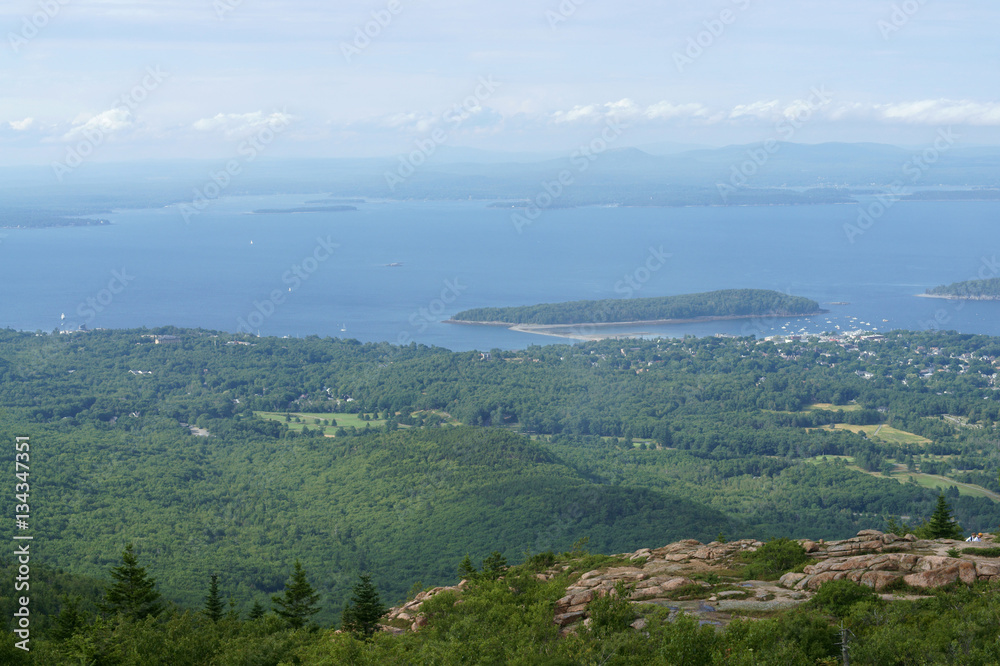 Acadia National Park near town of Bar Harbor, viewed from Cadillac Mountain. State of Maine, USA. Fog