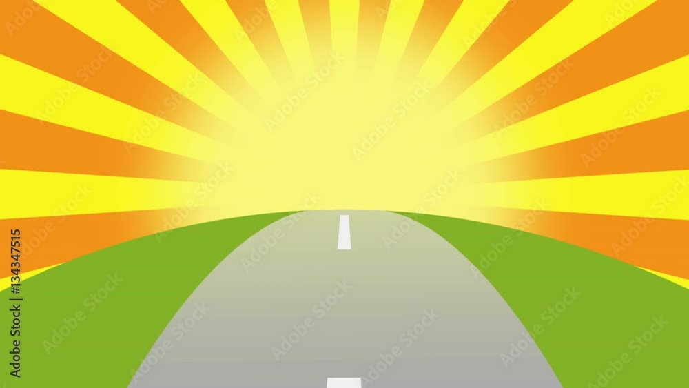 Animated road on a sunset with space for your object, text or logo Seamlessly loop. Colorful cartoon nature background.