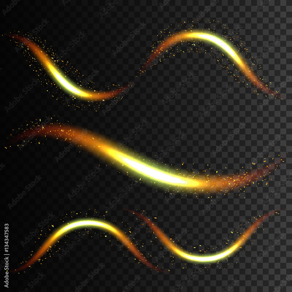 Gold Glitter Wave Set. Vector Light Effect - obrazy, fototapety, plakaty 